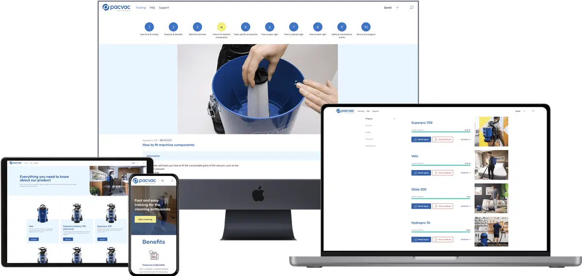 Pacvac Academy: an online training platform for backpack vacuum cleaners.